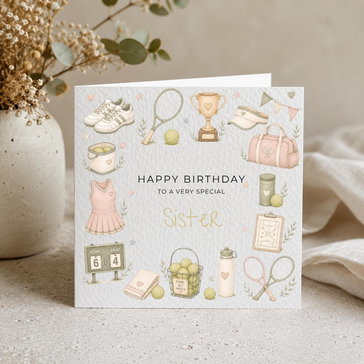 Personalised Tennis Theme Birthday Card for Daughter, Granddaughter, Sister etc