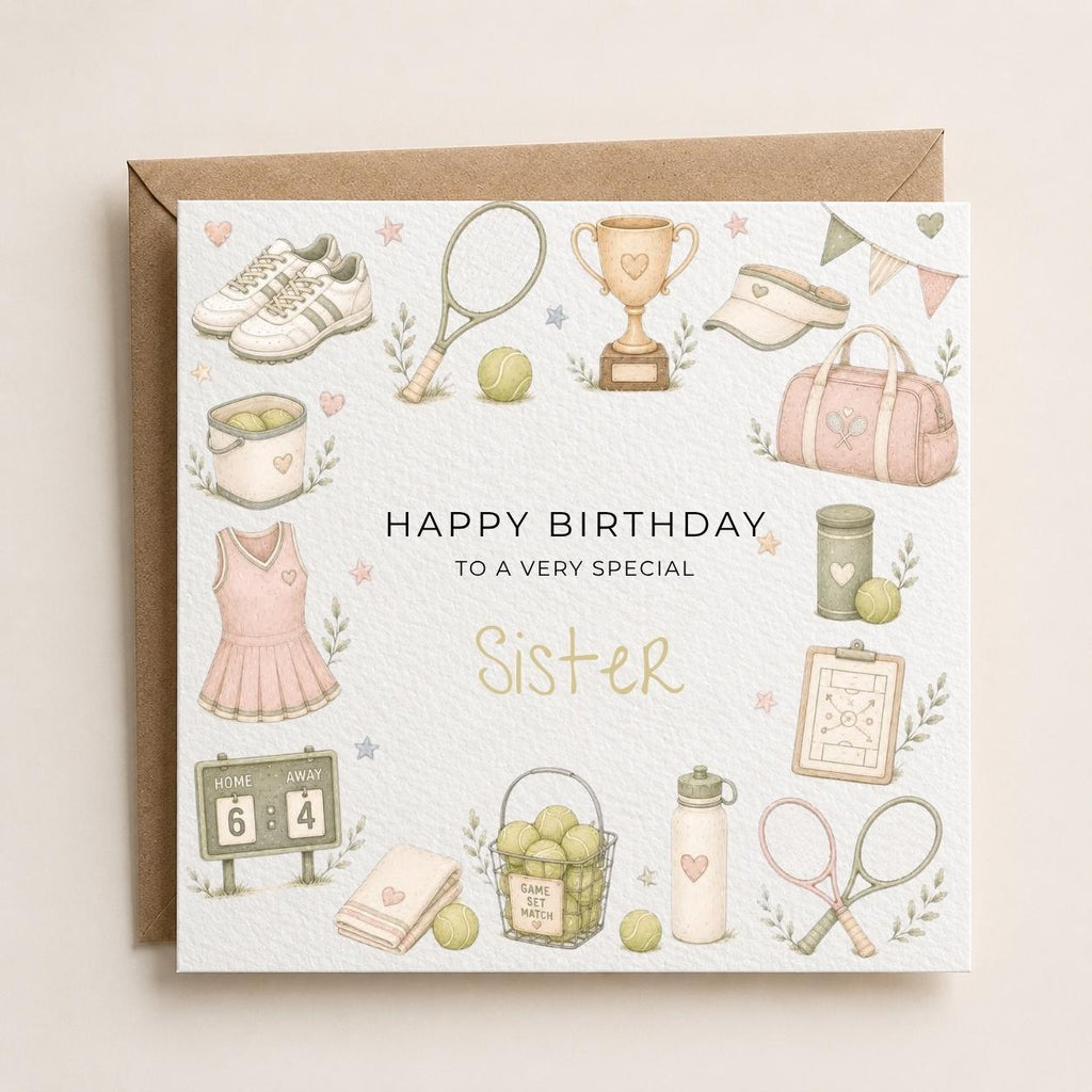Personalised Tennis Theme Birthday Card for Daughter, Granddaughter, Sister etc