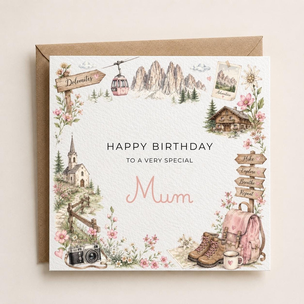 Personalised Dolomites Theme Birthday Card for Wife, Mum, Grandma, Daughter, Auntie, Sister etc