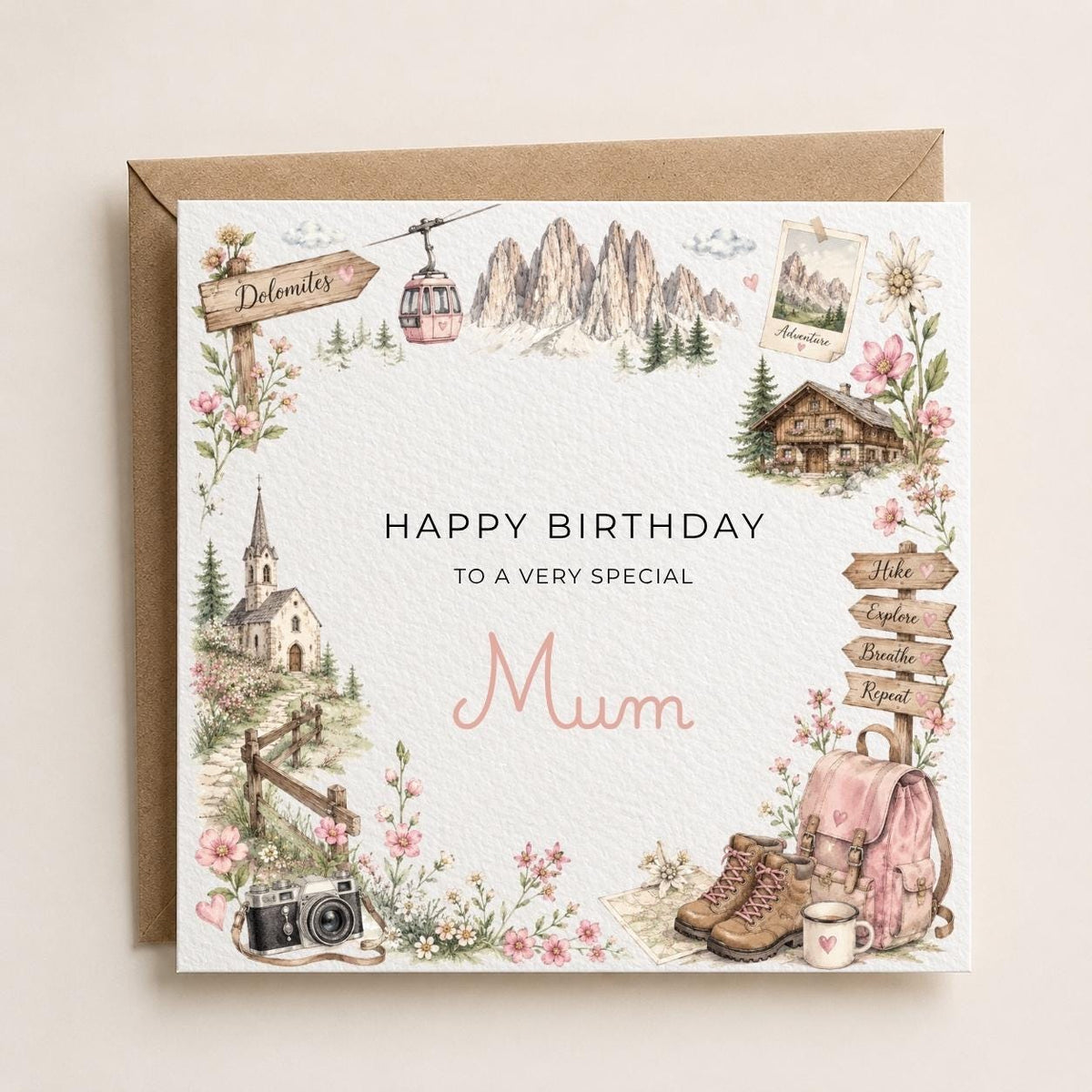 Personalised Dolomites Theme Birthday Card for Wife, Mum, Grandma, Daughter, Auntie, Sister etc