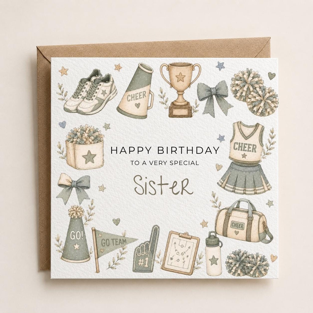Personalised Cheerleading Theme Birthday Card for Daughter, Granddaughter, Sister etc