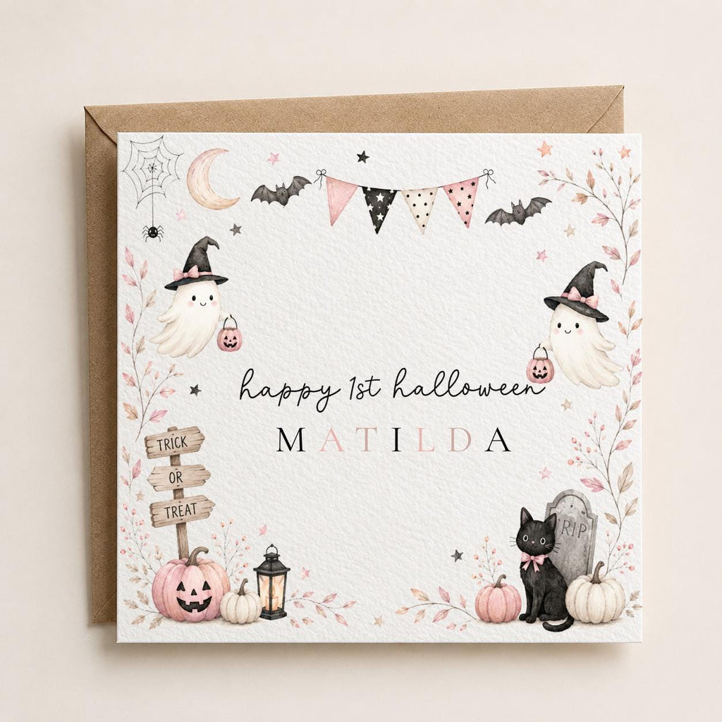 Personalised Halloween Card, Ghost, Black Cat, Pumpkin, Girl's First Halloween Birthday