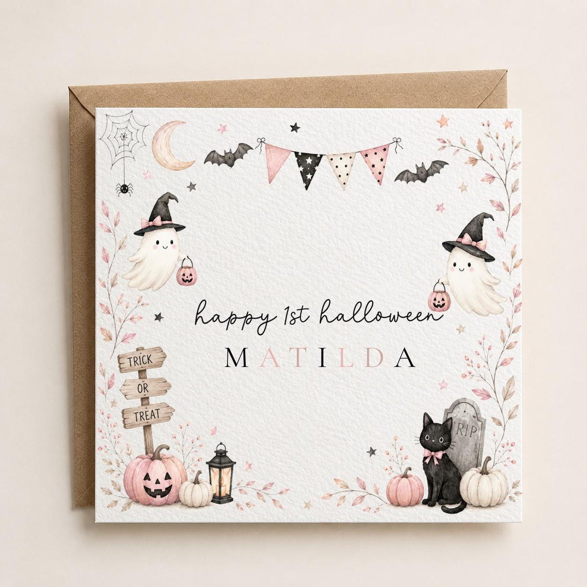 Personalised Halloween Card, Ghost, Black Cat, Pumpkin, Girl's First Halloween Birthday