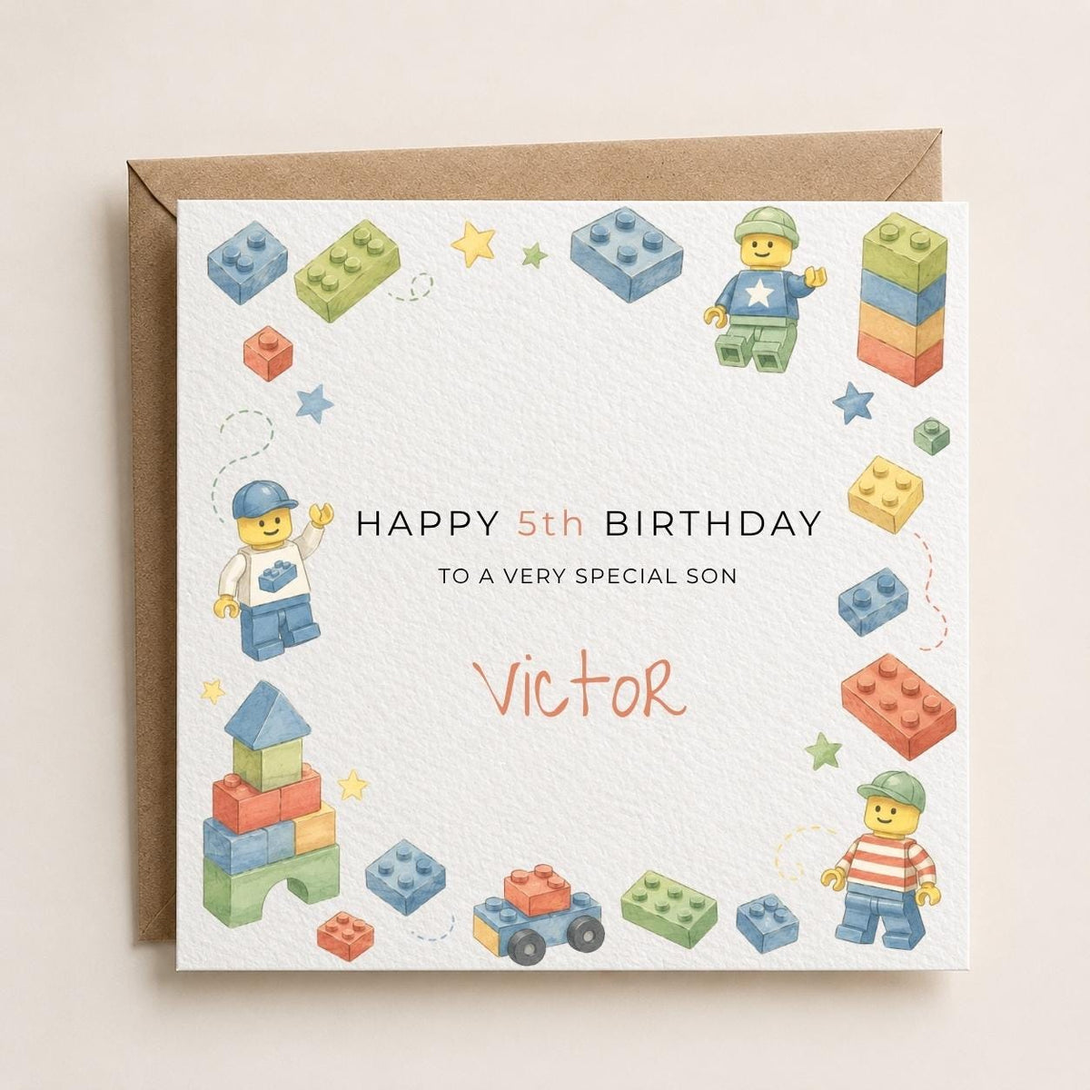 Personalised Lego Theme Birthday Card for Son, Grandson, Brother etc