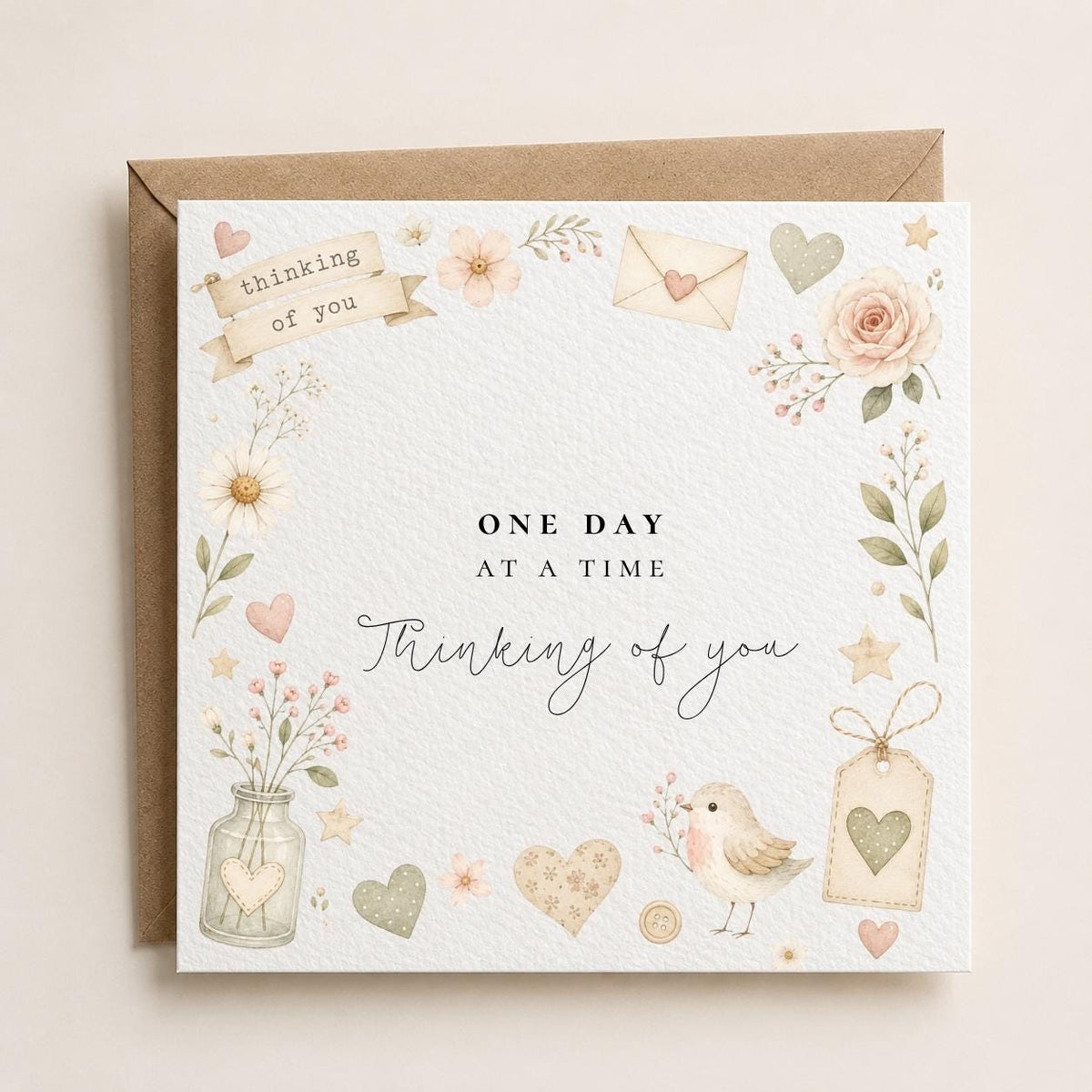 Thinking of You Card: Vintage Floral Bird Design