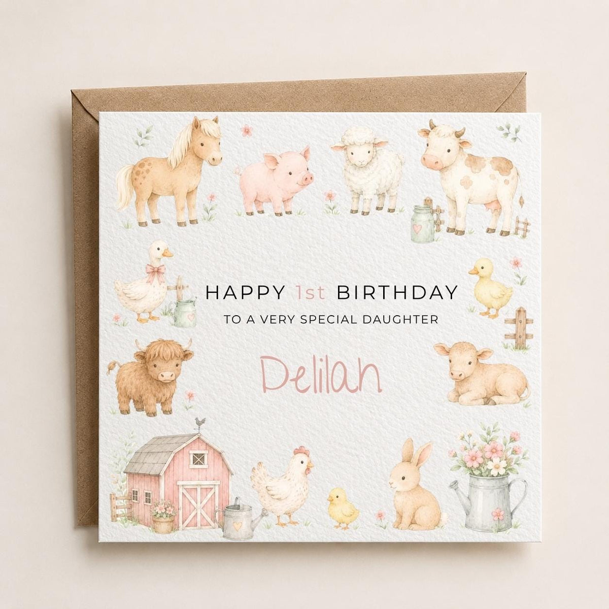 Personalised Farm Theme Birthday Card for Daughter, Granddaughter, Sister etc