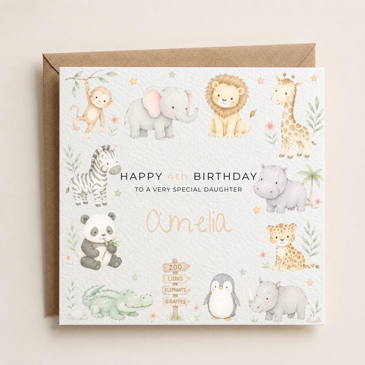 Personalised Zoo Theme Birthday Card for Daughter, Granddaughter, Sister etc