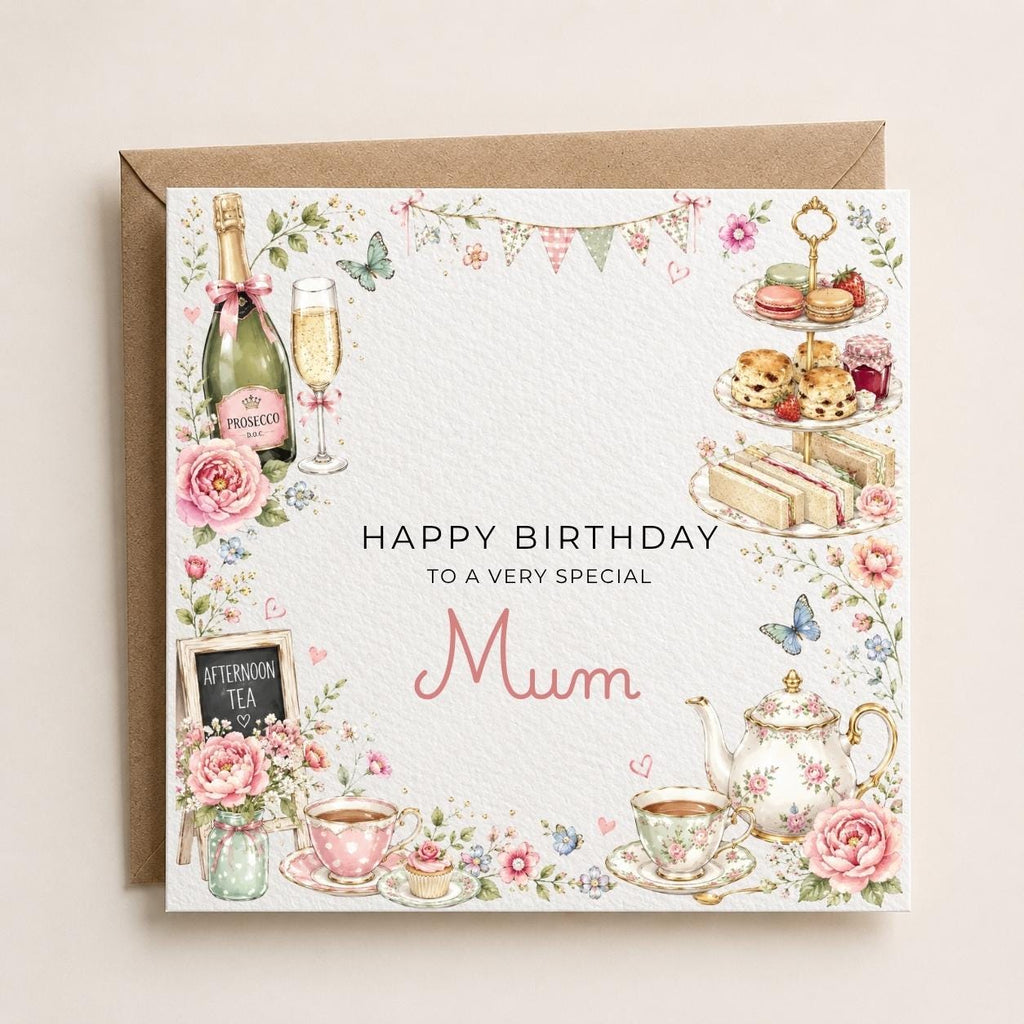 Personalised Afternoon Tea Theme Birthday Card for Wife, Mum, Grandma, Daughter, Auntie, Sister etc