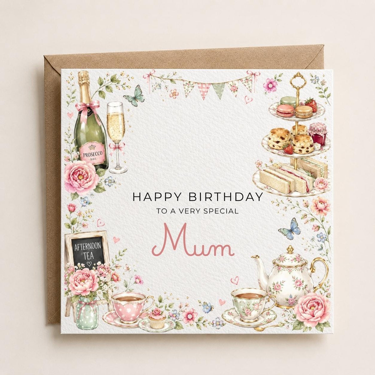 Personalised Afternoon Tea Theme Birthday Card for Wife, Mum, Grandma, Daughter, Auntie, Sister etc