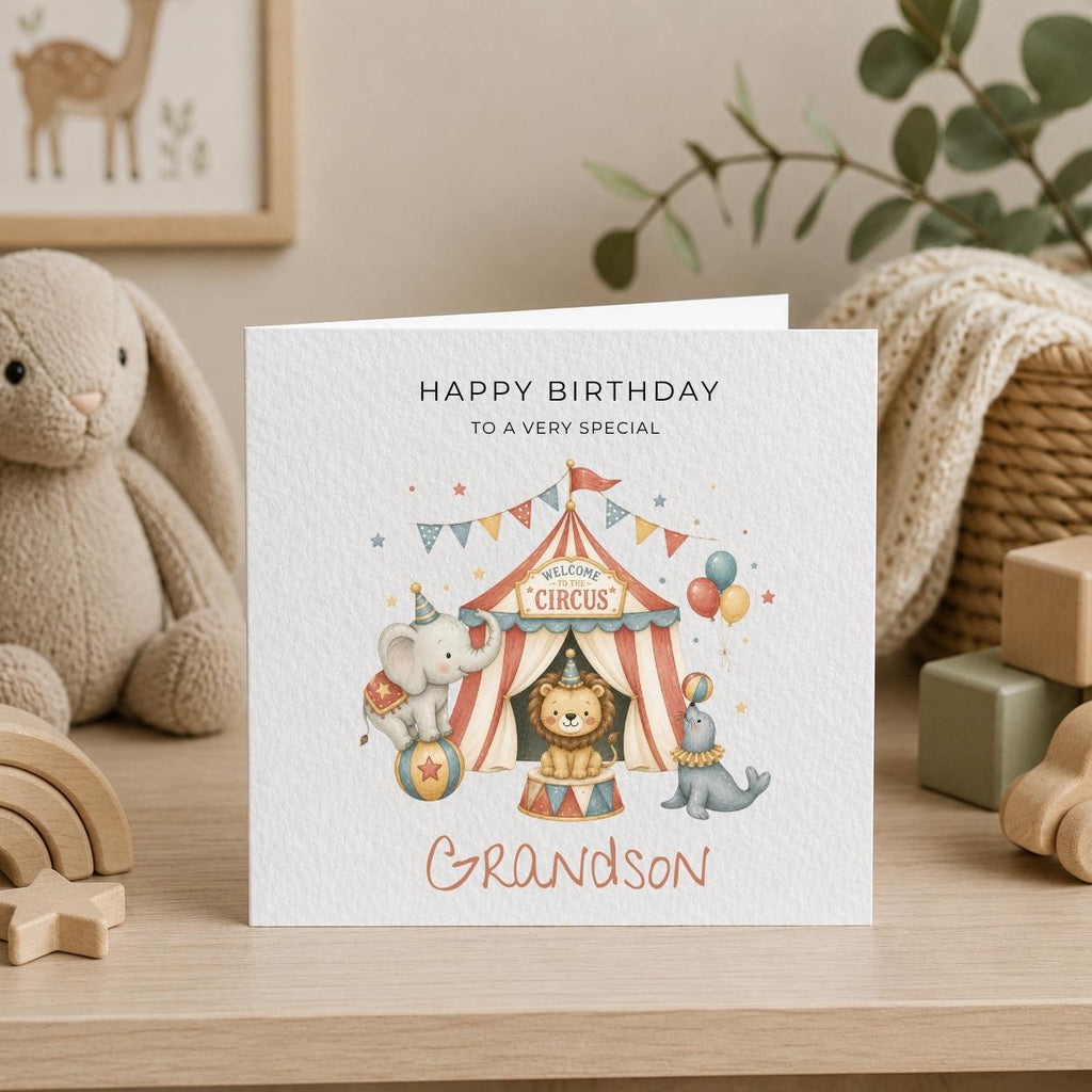 Personalised Circus Theme Birthday Card for Son, Grandson, Brother etc