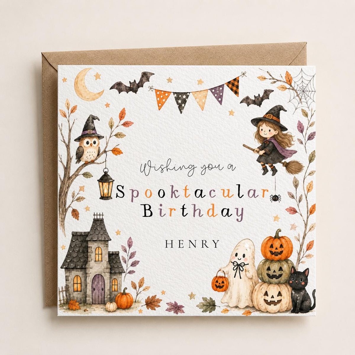 Personalised Halloween Card, Witch, Ghost, Black Cat, Haunted House Design