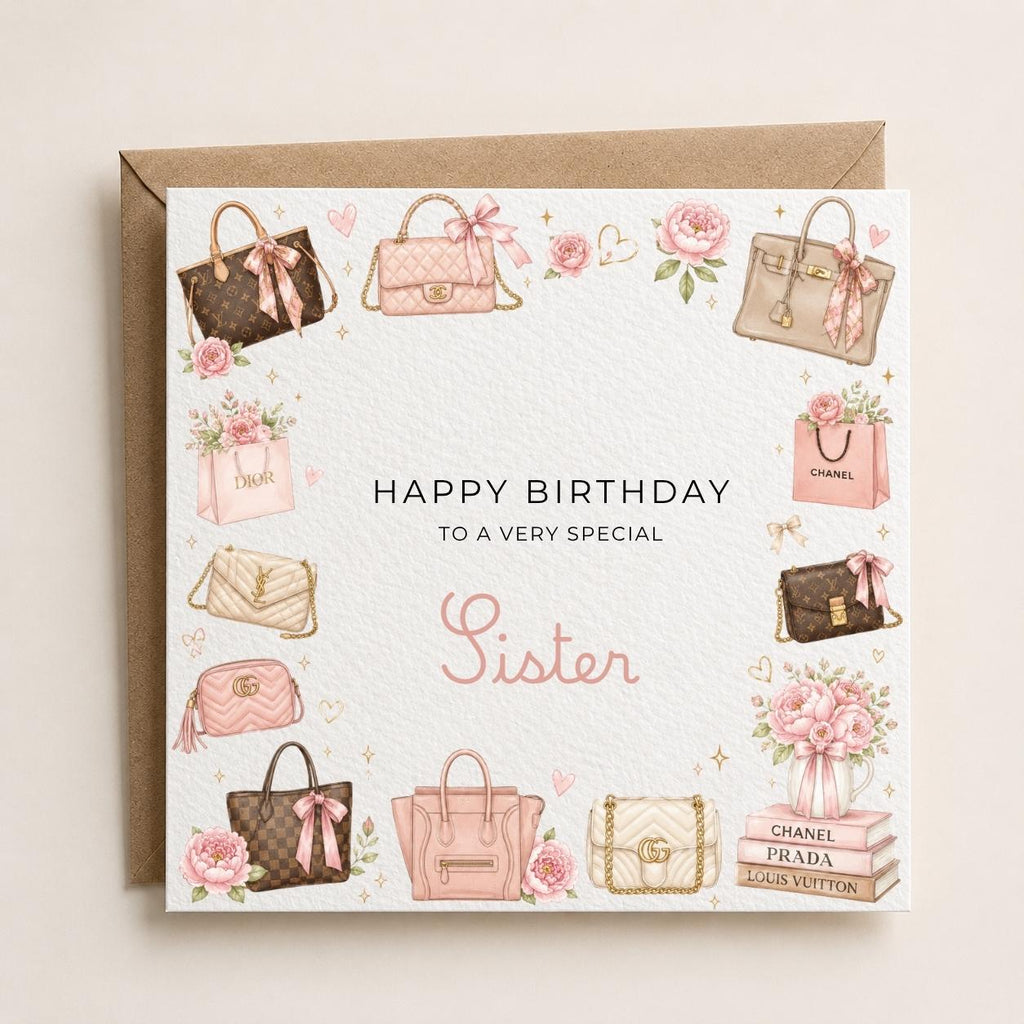 Personalised Designer Bags Theme Birthday Card for Wife, Mum, Grandma, Daughter, Auntie, Sister etc