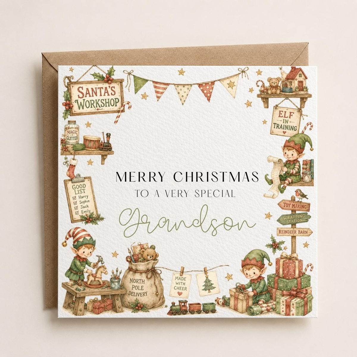 Personalised Kids Christmas Card | For Children | Completely Customisable | Festive Children's Greetings Card | Elves Theme