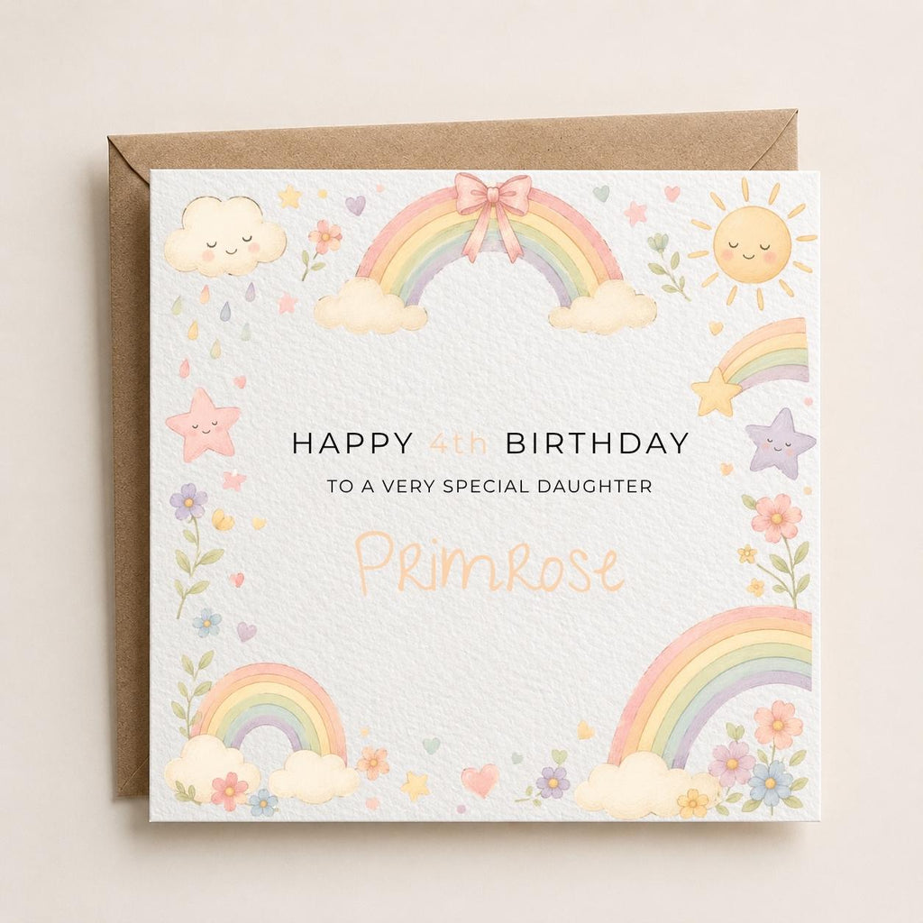 Personalised Rainbow Theme Birthday Card for Daughter, Granddaughter, Sister etc
