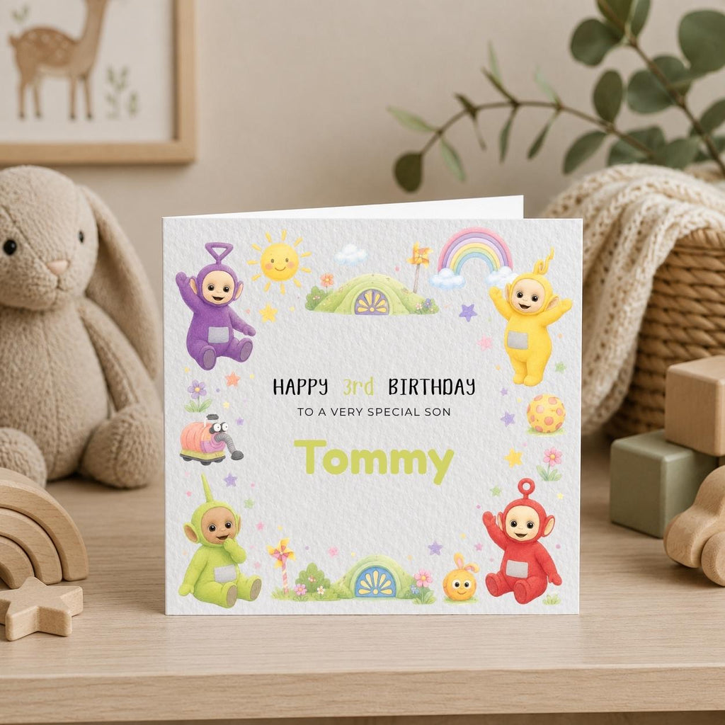 Personalised TV Characters | Teletubbies Theme Birthday Card for Son, Daughter, Brother, Sister etc