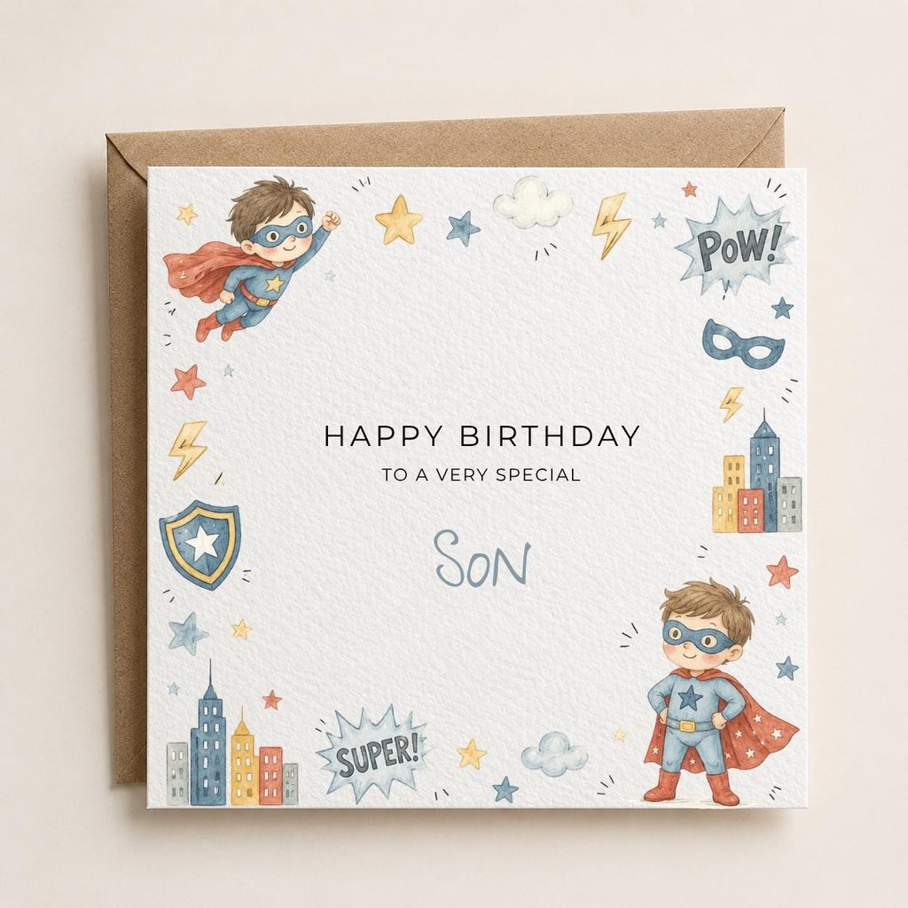 Personalised Superhero Theme Birthday Card for Son, Grandson, Brother etc