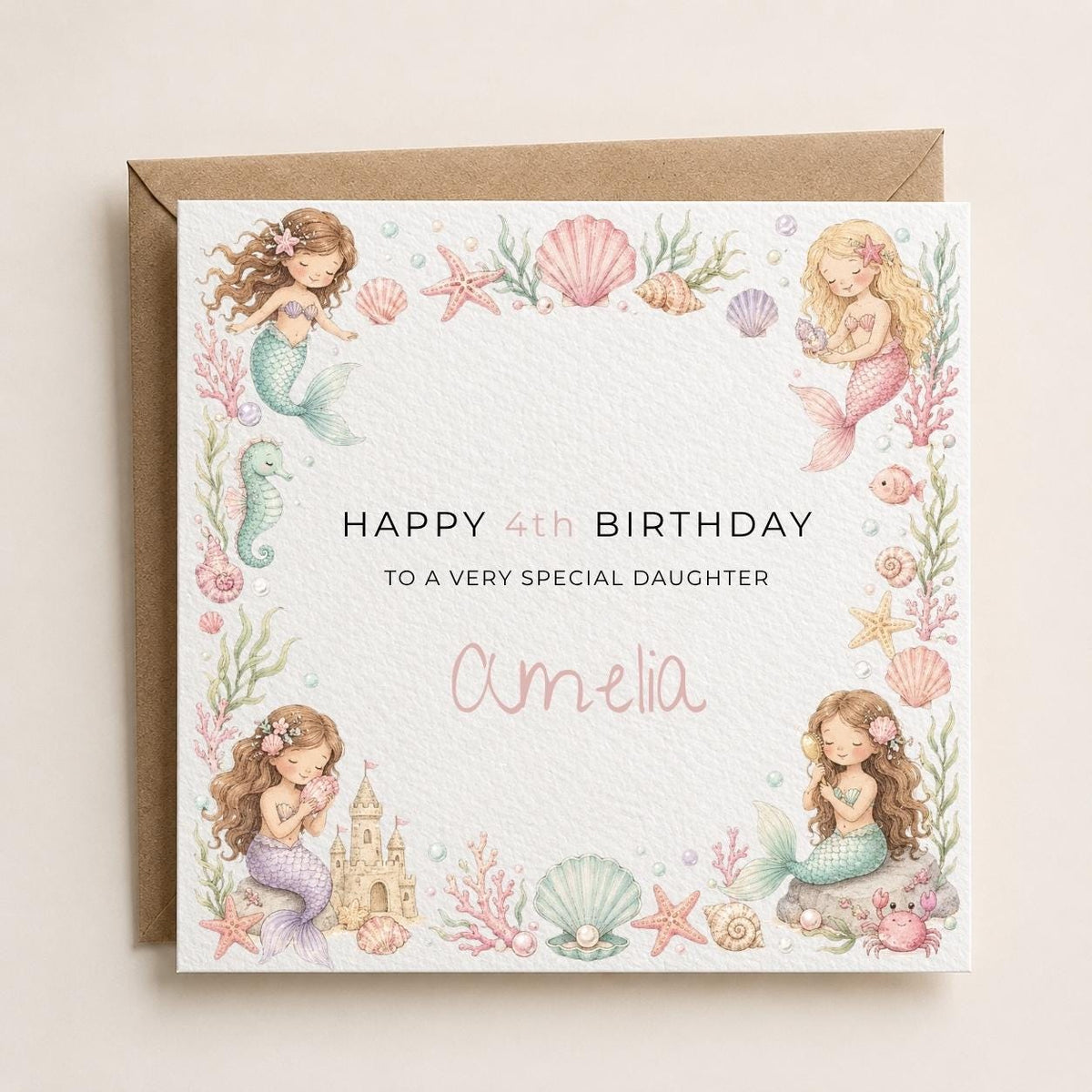 Personalised Mermaid Theme Birthday Card for Daughter, Granddaughter, Sister etc