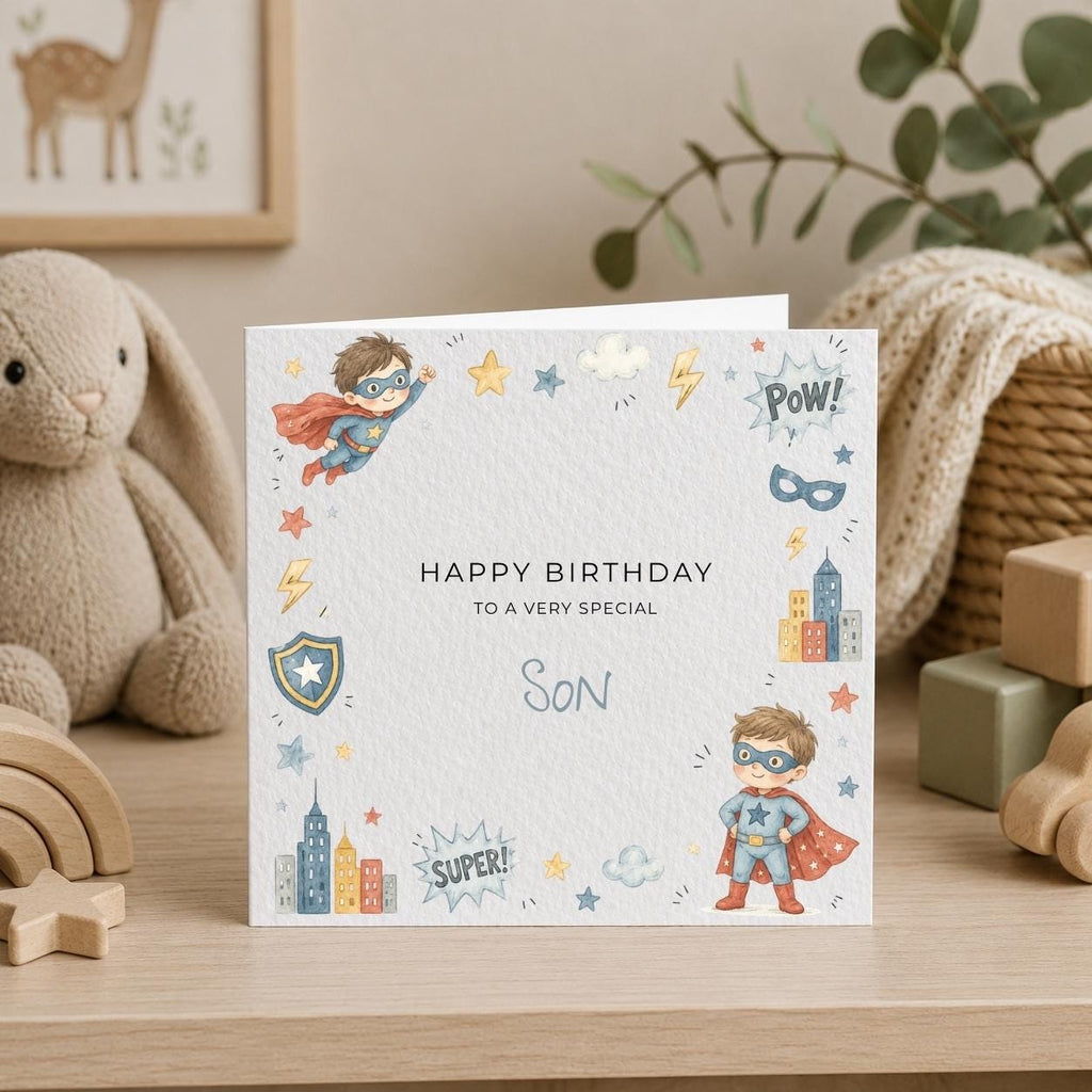 Personalised Superhero Theme Birthday Card for Son, Grandson, Brother etc