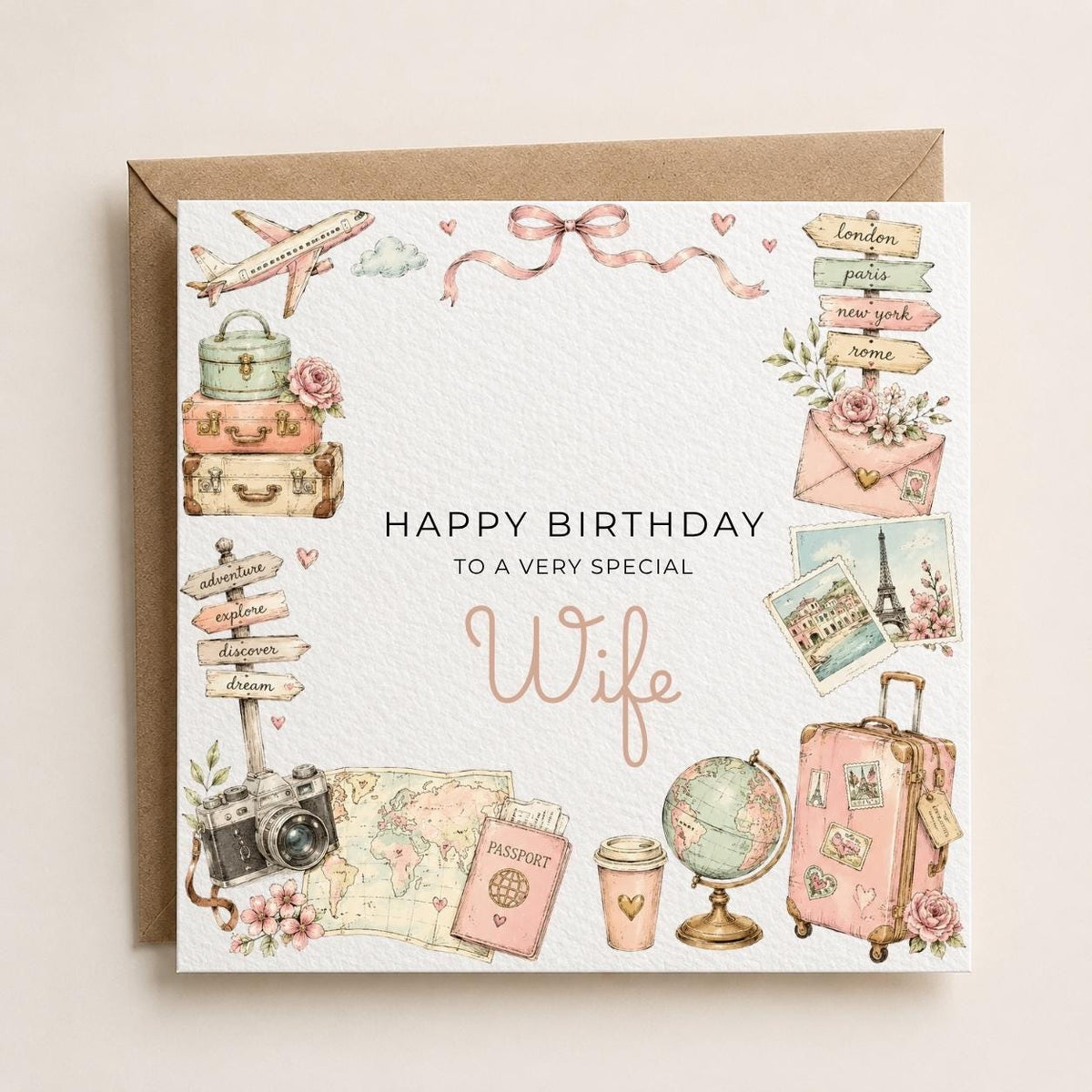 Personalised Travel Theme Birthday Card for Wife, Mum, Grandma, Daughter, Auntie, Sister etc