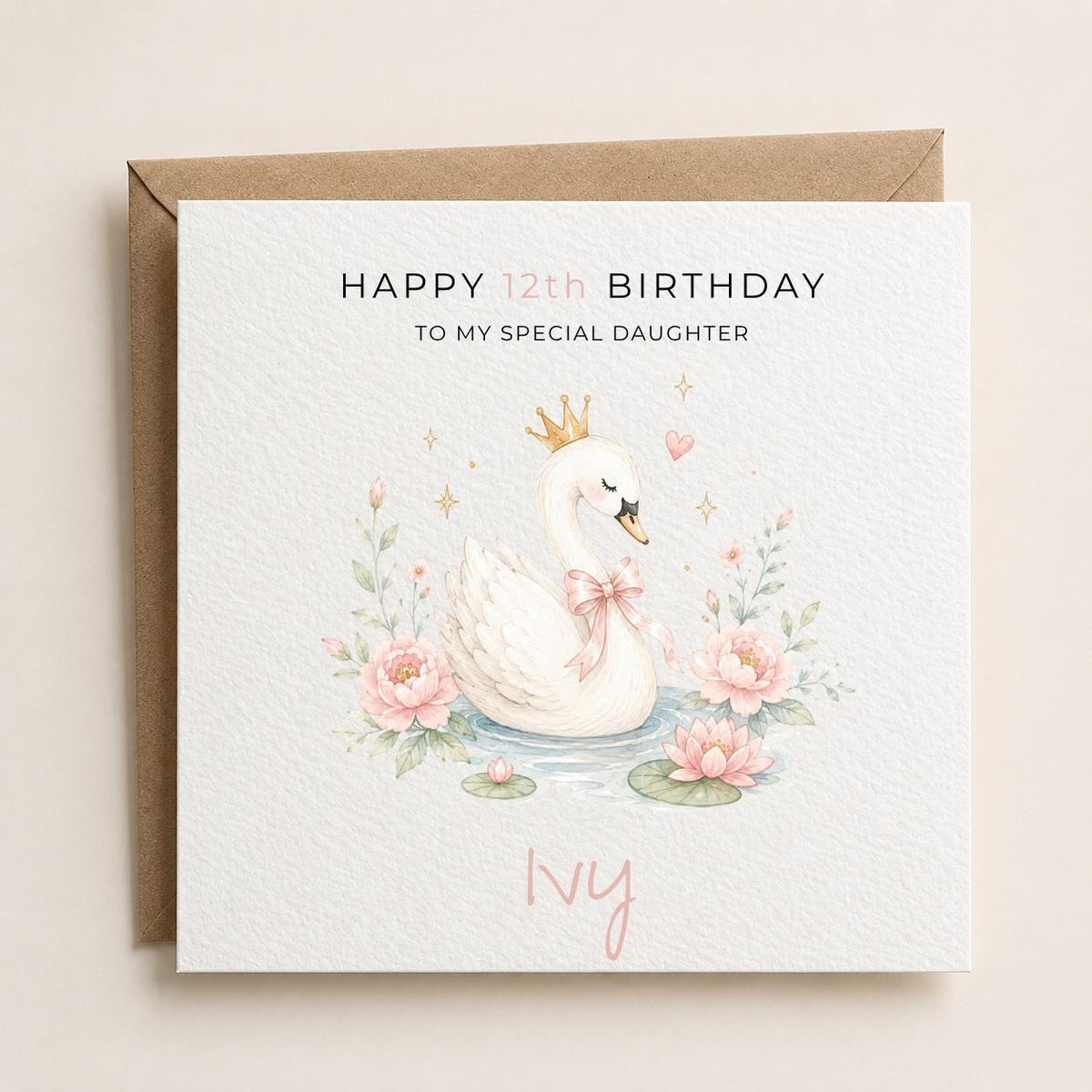 Personalised Swan Theme Birthday Card for Daughter, Granddaughter, Sister etc