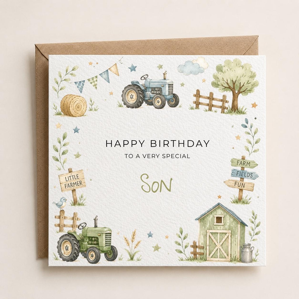 Personalised Farm Theme Birthday Card for Son, Grandson, Brother etc