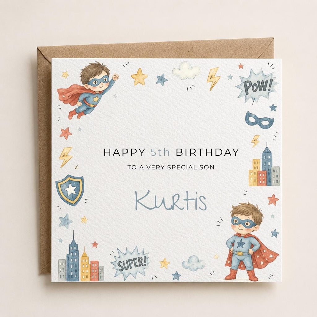 Personalised Superhero Theme Birthday Card for Son, Grandson, Brother etc