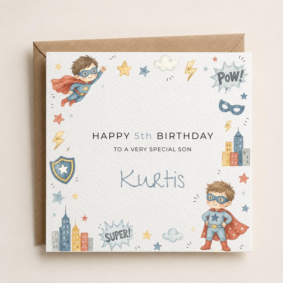 Personalised Superhero Theme Birthday Card for Son, Grandson, Brother etc