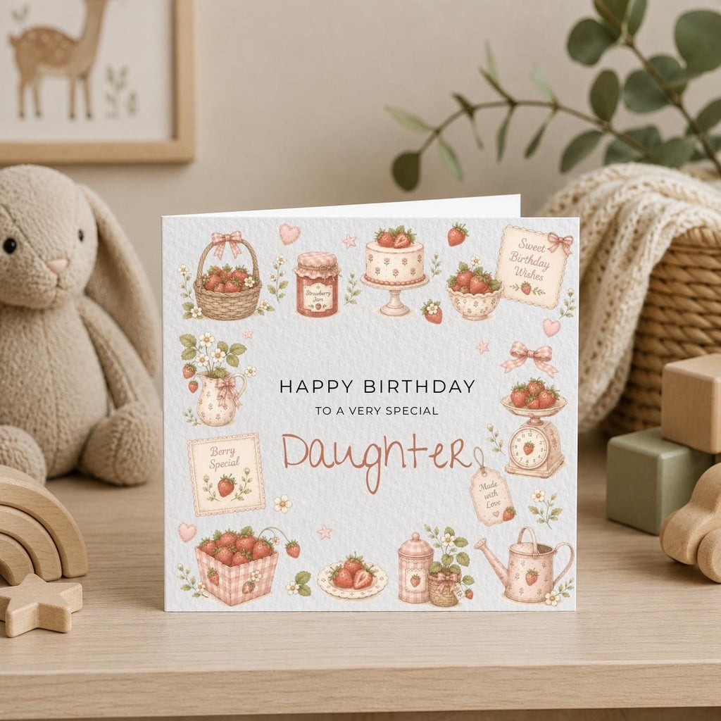 Personalised Strawberry Theme Birthday Card for Daughter, Granddaughter, Sister etc