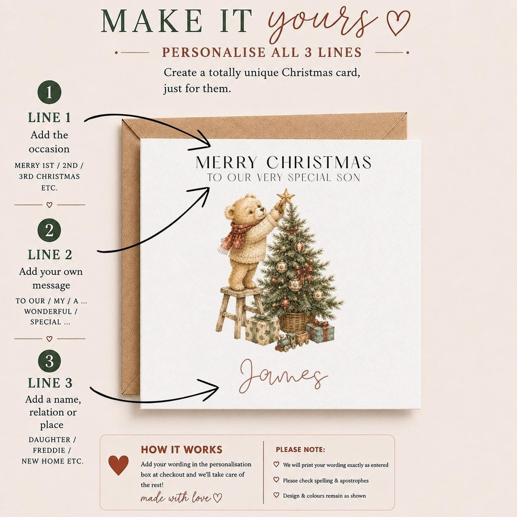 Personalised Vintage Christmas Card for Children | Teddy Bear, Tree, Gifts
