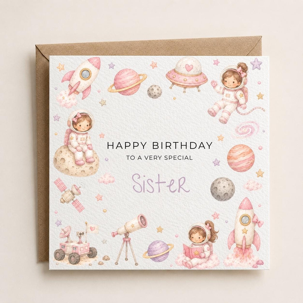 Personalised Space Theme Birthday Card for Daughter, Granddaughter, Sister etc