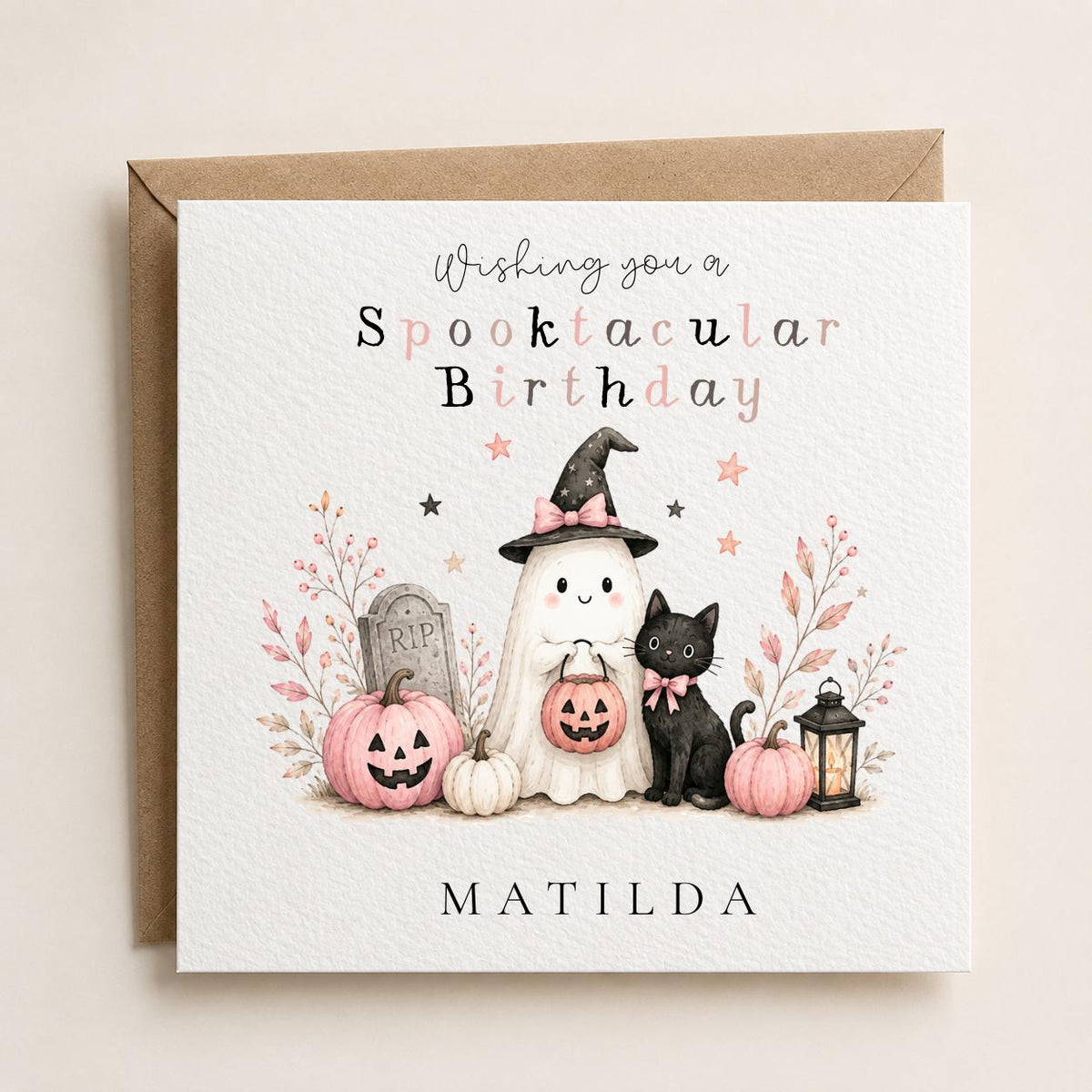 Personalised Halloween Card, Ghost Pumpkin Black Cat Design, 1st Halloween Birthday For Girls