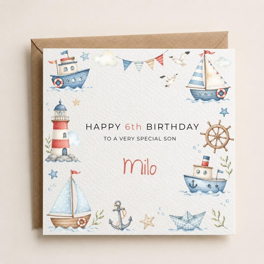 Personalised Boat Theme Birthday Card for Son, Grandson, Brother etc