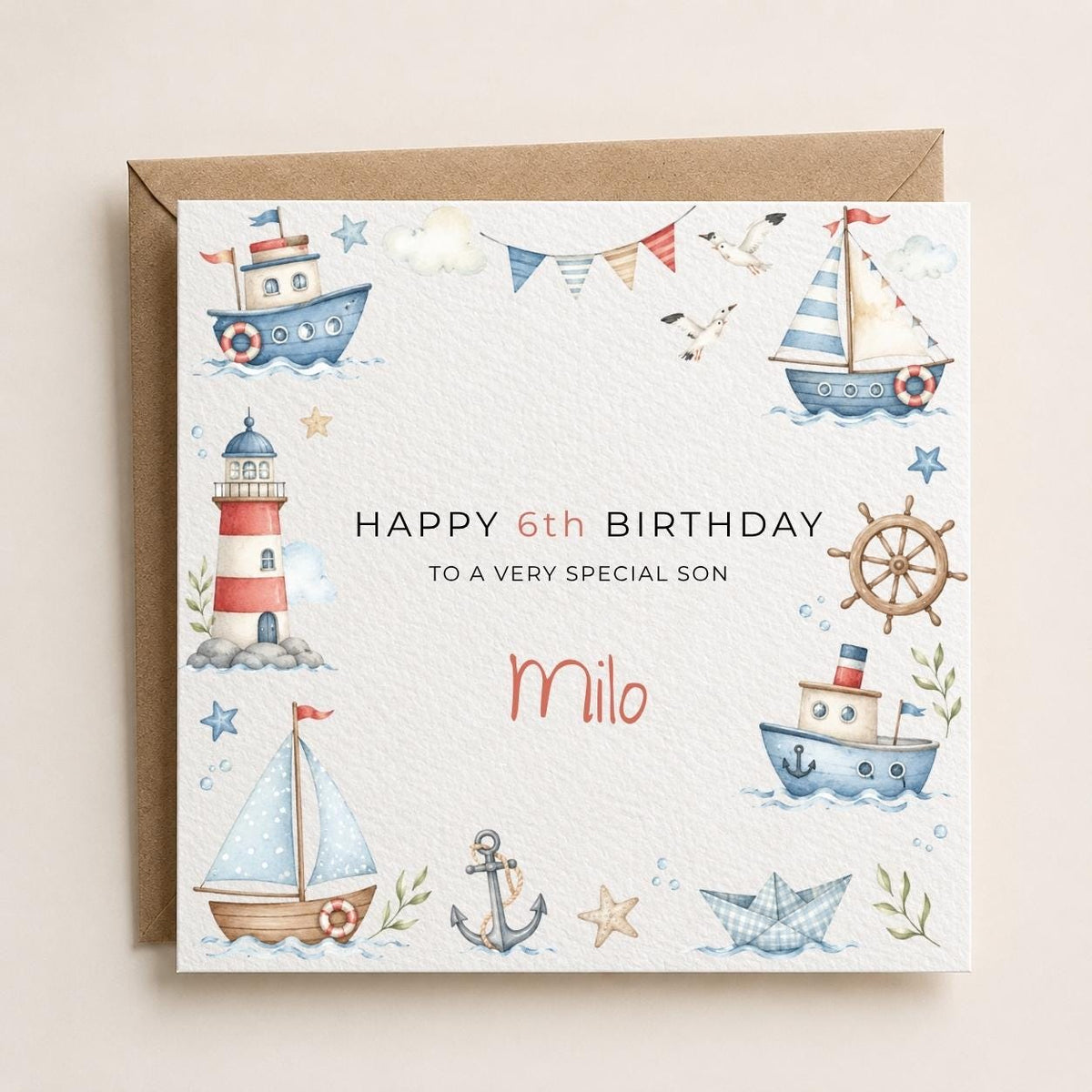 Personalised Boat Theme Birthday Card for Son, Grandson, Brother etc