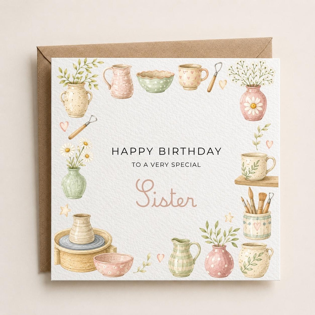 Personalised Pottery Theme Birthday Card for Wife, Mum, Grandma, Daughter, Auntie, Sister etc