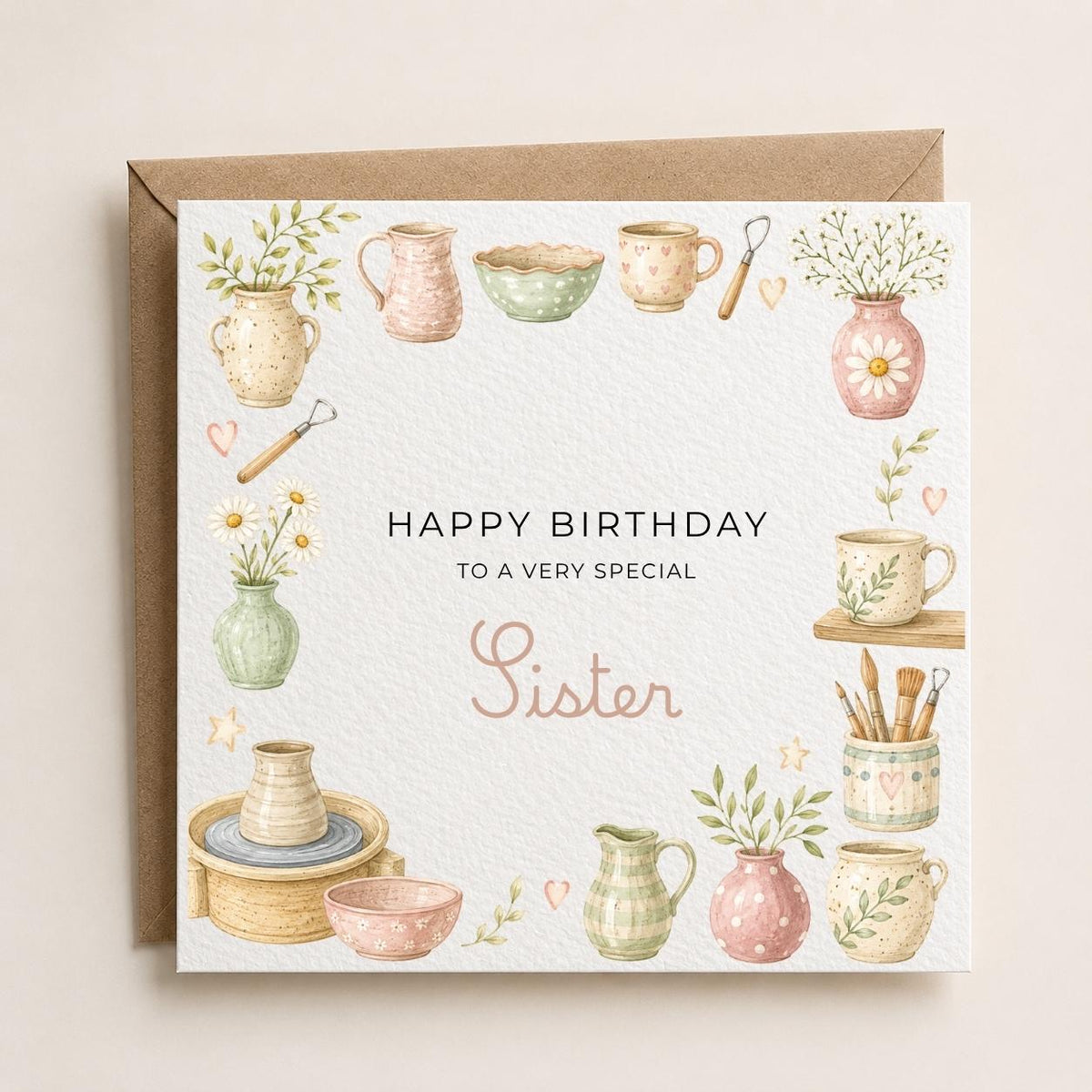 Personalised Pottery Theme Birthday Card for Wife, Mum, Grandma, Daughter, Auntie, Sister etc