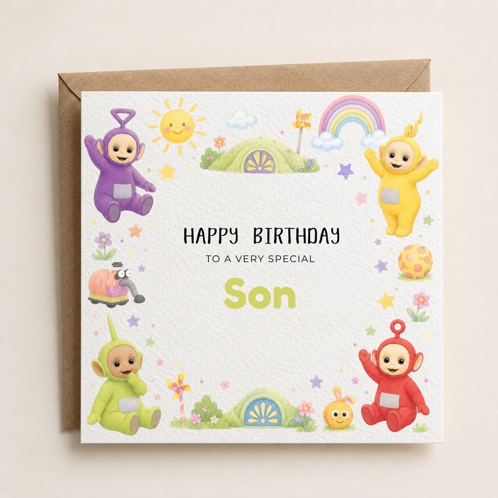 Personalised TV Characters | Teletubbies Theme Birthday Card for Son, Daughter, Brother, Sister etc