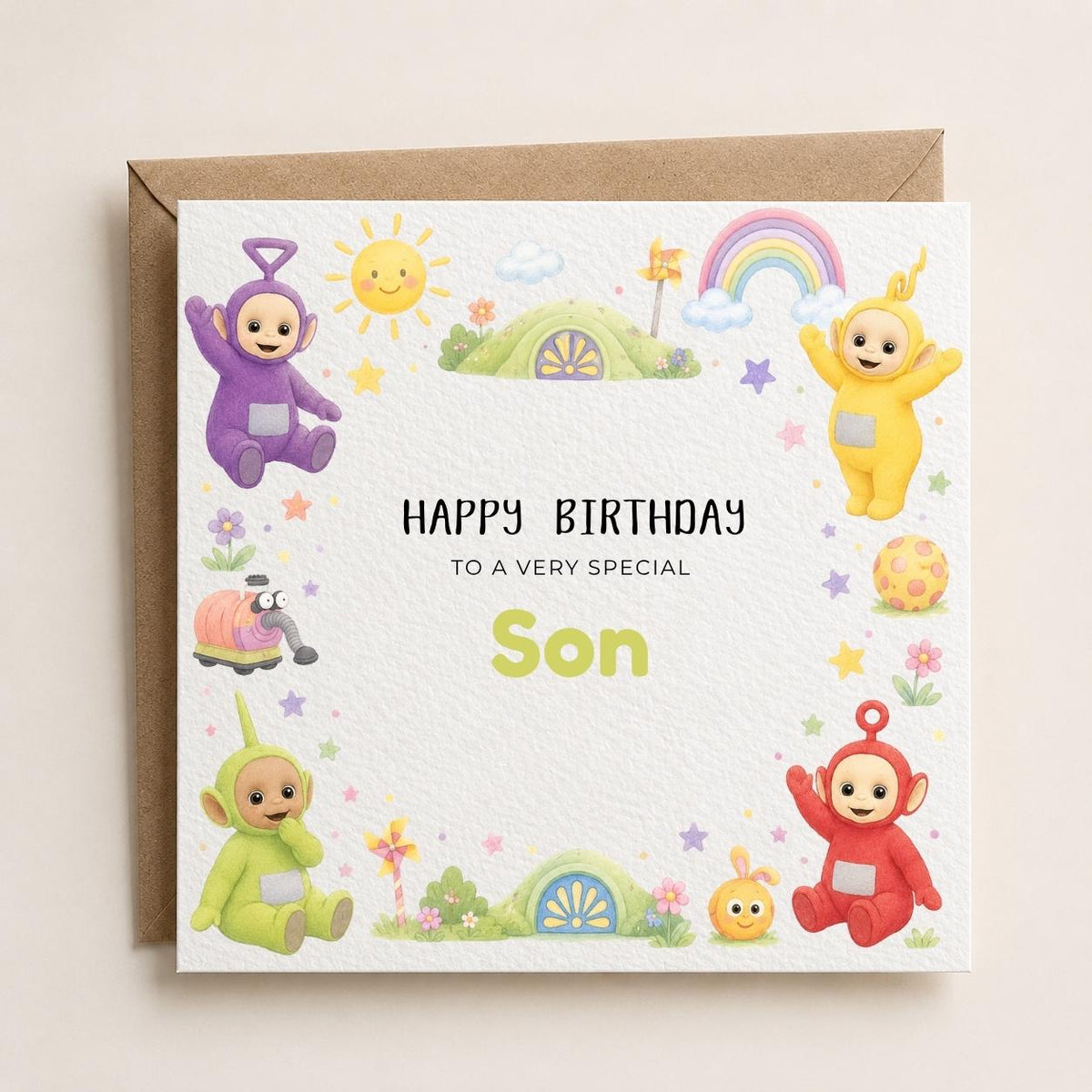 Personalised TV Characters | Teletubbies Theme Birthday Card for Son, Daughter, Brother, Sister etc