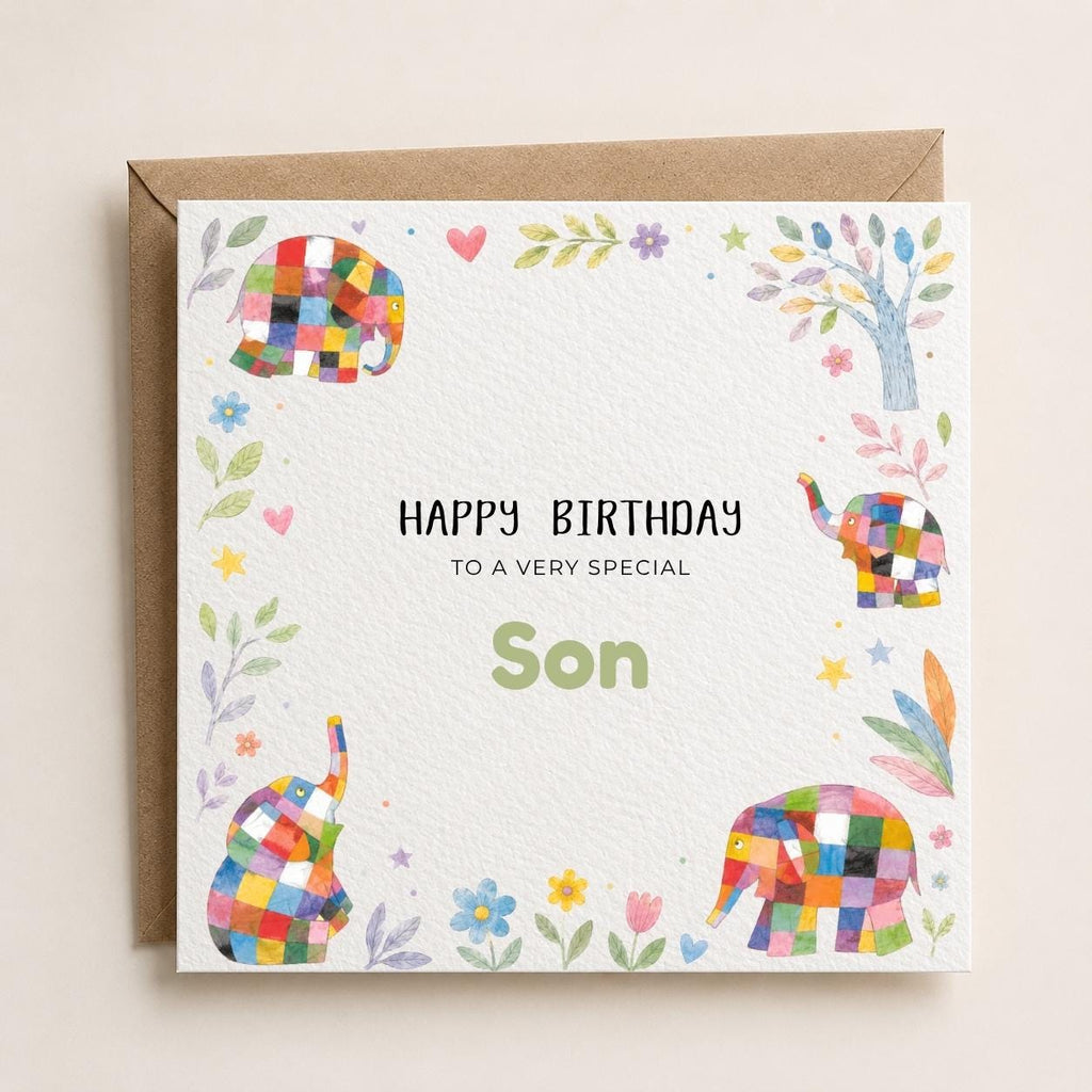 Personalised Elmer Theme Birthday Card for Son, Brother, Friend etc