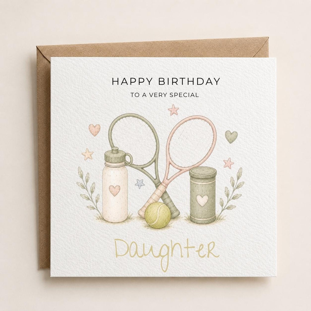 Personalised Tennis Theme Birthday Card for Daughter, Granddaughter, Sister etc