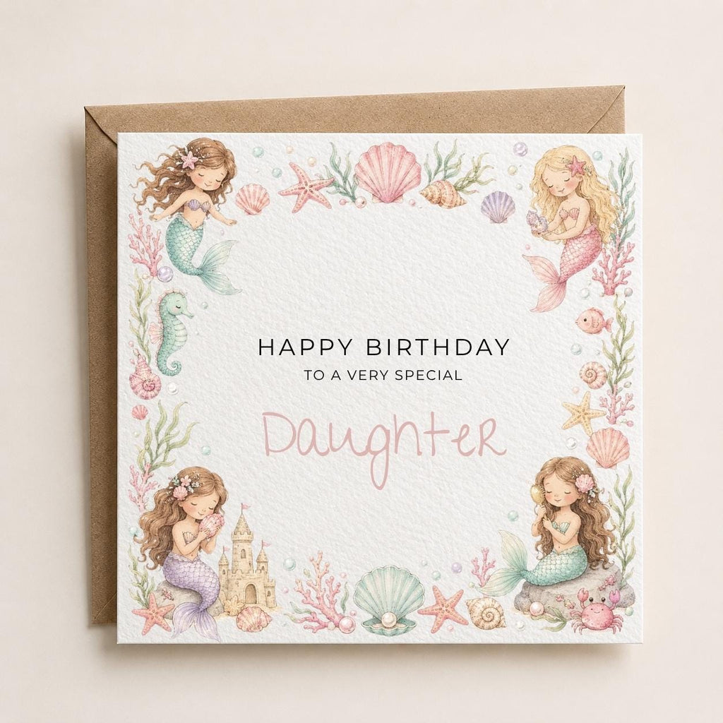 Personalised Mermaid Theme Birthday Card for Daughter, Granddaughter, Sister etc