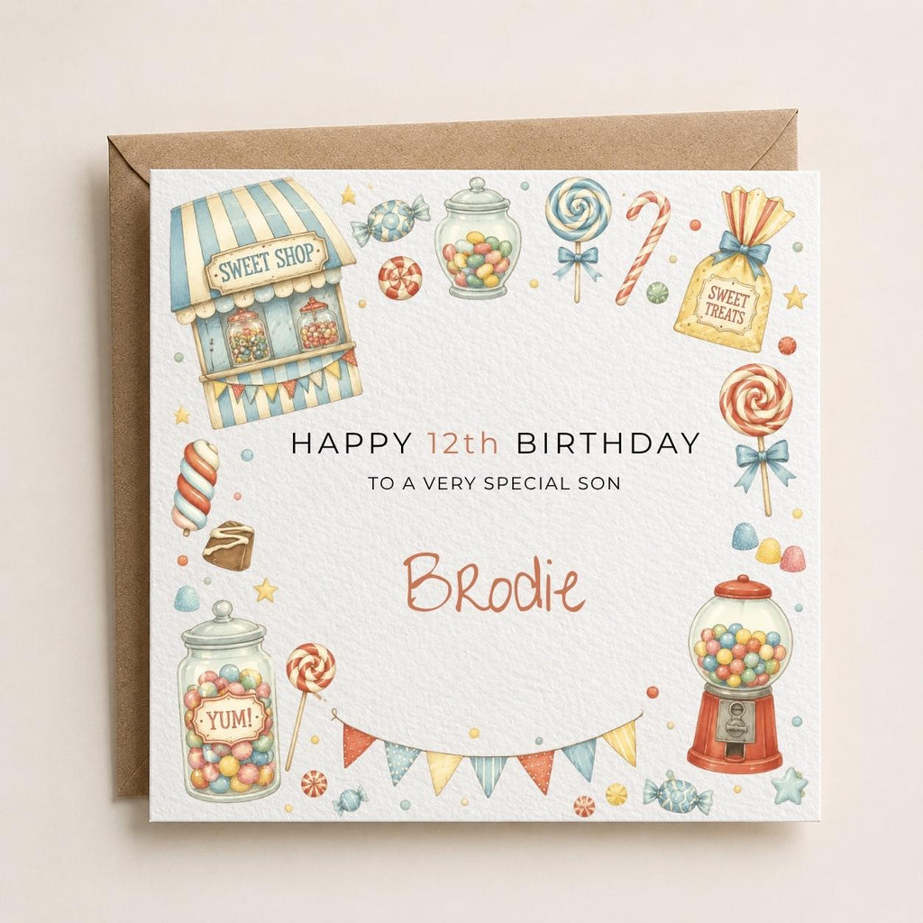 Personalised Sweets Theme Birthday Card for Son, Grandson, Brother etc