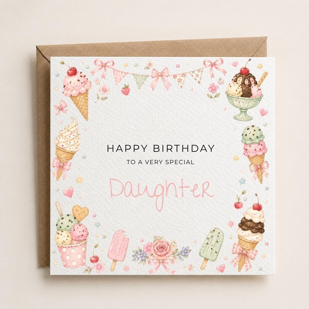 Personalised Icecream Theme Birthday Card for Daughter, Granddaughter, Sister etc