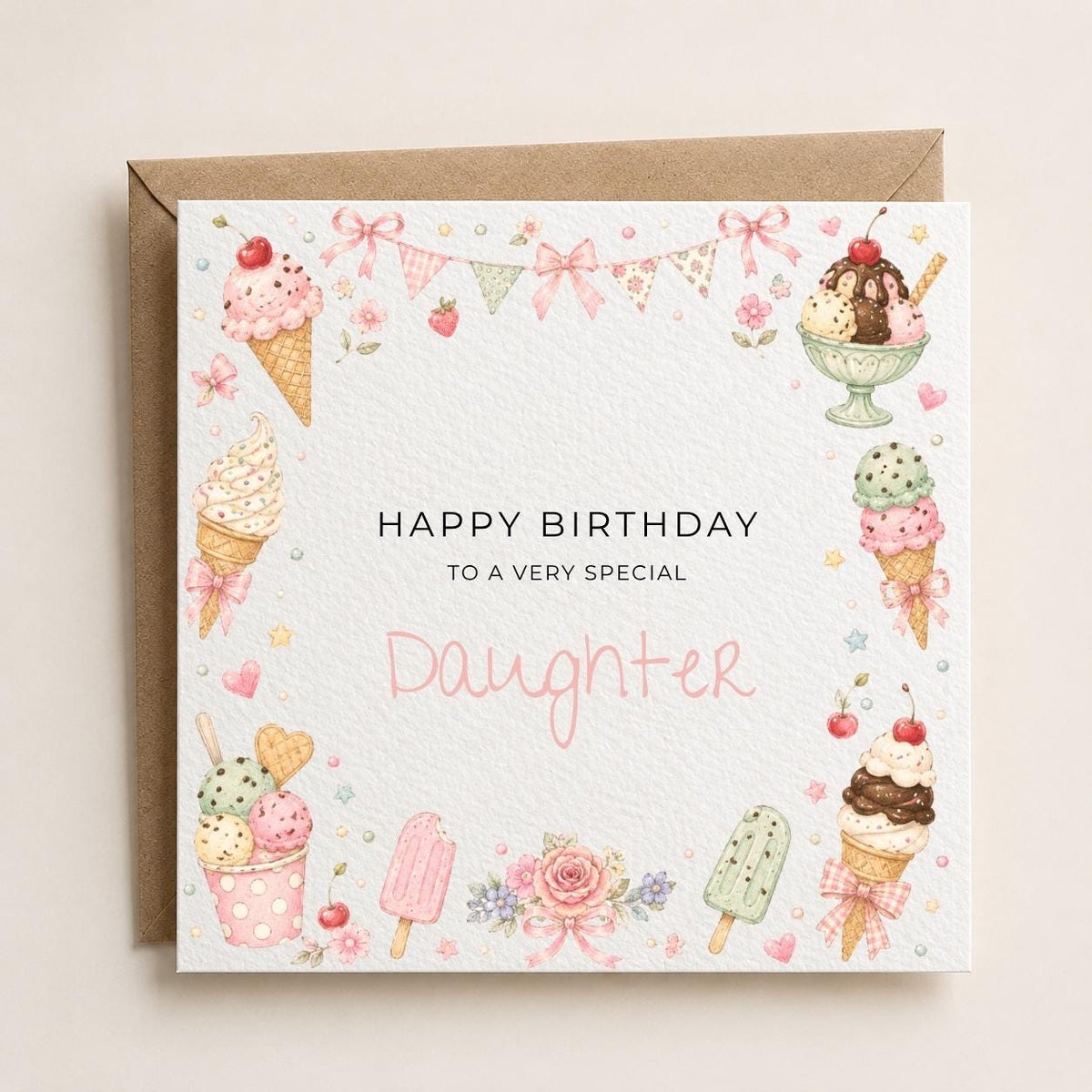 Personalised Icecream Theme Birthday Card for Daughter, Granddaughter, Sister etc
