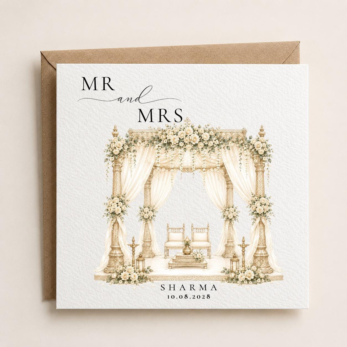 Personalised Hindu Wedding Card | Custom Surname, Date, Mr & Mrs Mandap Design