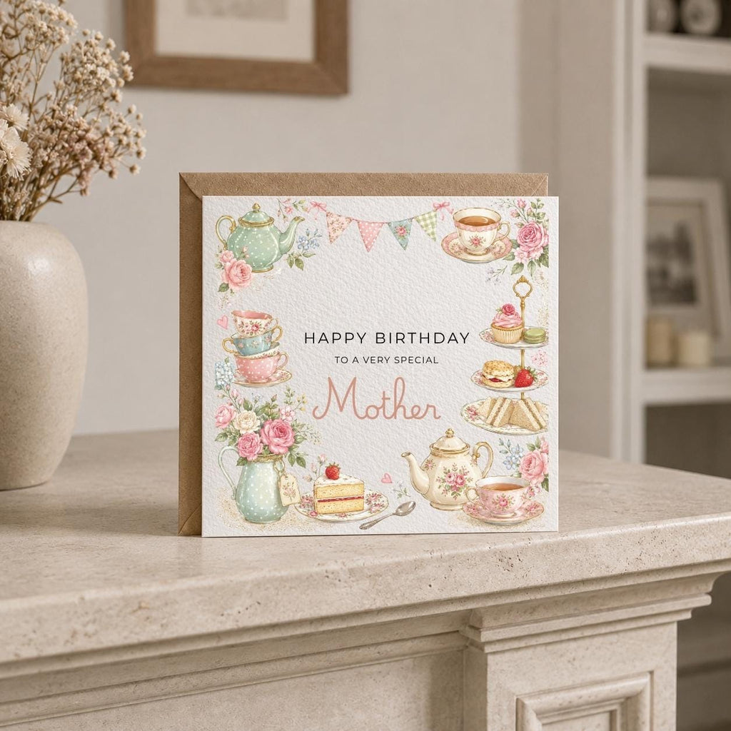 Personalised Afternoon Tea Theme Birthday Card for Wife, Mum, Grandma, Daughter, Auntie, Sister etc