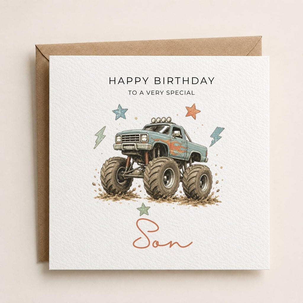 Personalised Monster Truck Theme Birthday Card for Husband, Dad, Grandad, Son,  Uncle, Brother etc