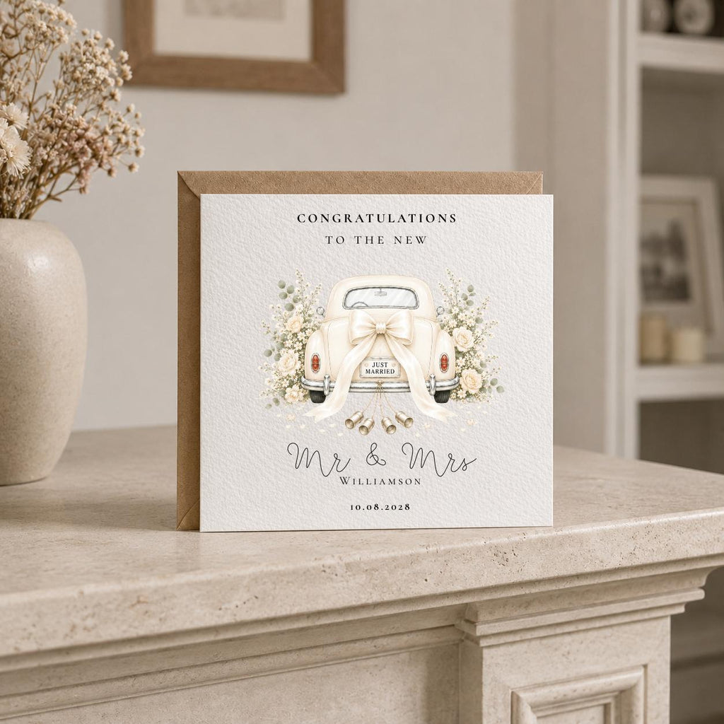 Personalised Just Married Wedding Card | Vintage Cream Car, Custom Surname, Date