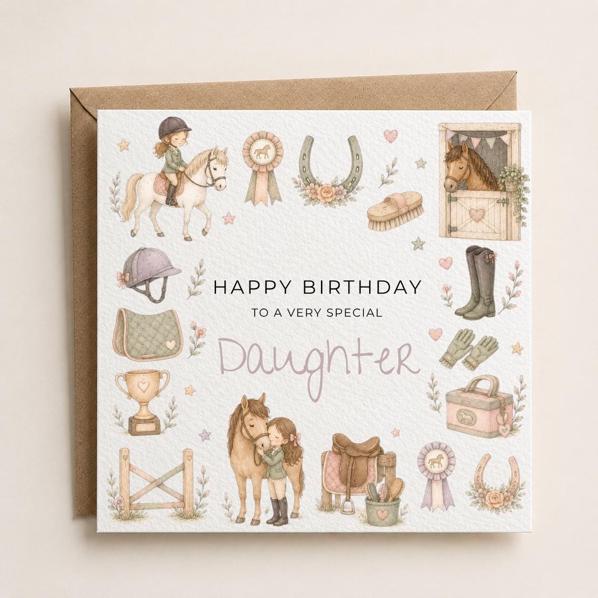 Personalised Horse-Riding Theme Birthday Card for Daughter, Granddaughter, Sister etc