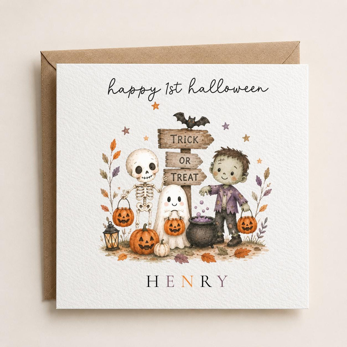 Personalised Halloween Card, Spooky Skeleton Ghost Zombie Design, First Birthday Greeting