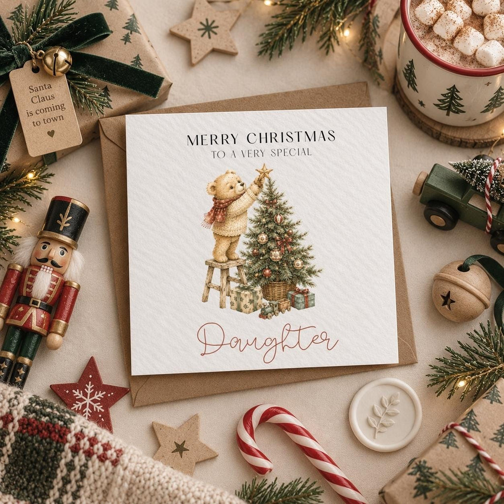 Personalised Vintage Christmas Card for Children | Teddy Bear, Tree, Gifts